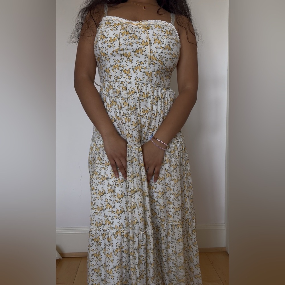 floral summer aesthetic midi dress with yellow flowers & yellow bow detail flowy